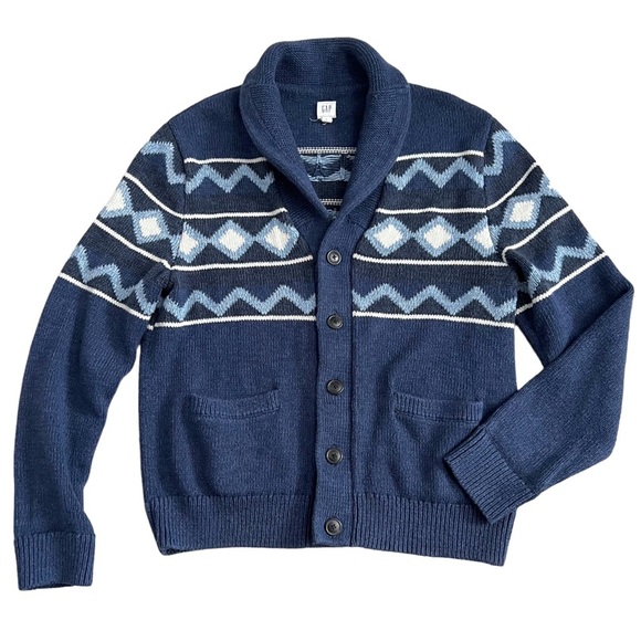 GAP 2016 Mens Geo Shape Cotton Blend Navy Shawl Collar Heavy Knit Cardigan - Picture 1 of 11